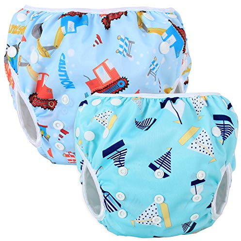 Teamoy 2pcs Baby Nappy riutilizzabile pannolino da nuoto, costume piscina neonato Lavabili per 0-3 Anni, Tool Car + Blue Sailboat