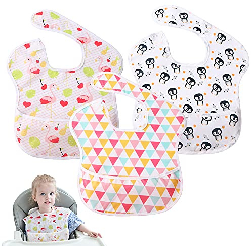Little Dimsum 3 pack Baby Bibs Waterproof Bib Easy to Clean Feeding Bibs Weaning Bibs Adjustable Closed for Babies Toddlers with Large Pocket 6-36Months(Penguin & Flamingo & Triangle)