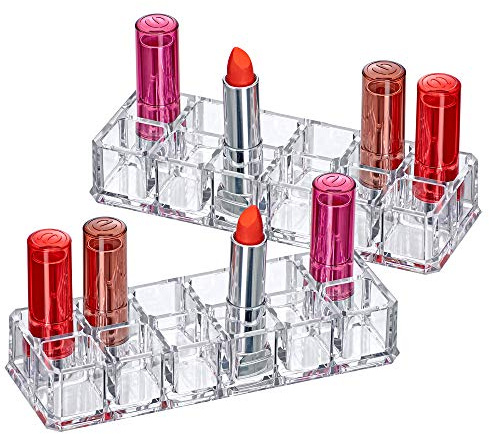 Amazing Abby - Charm - 2-Pack 12-Slot Acrylic Lipstick Organizer, Lipstick Holder, Lip Gloss Holder, Cosmetic Storage Display, Perfect Storage Solution for Drawer and Vanity (Slot Size: 0.9 x 0.9)