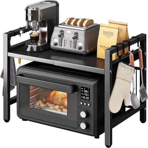 HYGRAD BUILT TO SURVIVE 2 Tier Over Microwave Oven Shelf Storage Solution Organiser Stand Utensil Holder Counter Shelf and Organizer with 3 Hooks Carbon Steel 55lbs Weight Capacity Matte Black