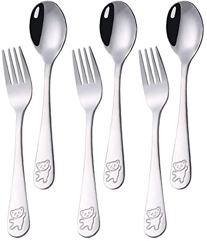 6 stycken barnbestick-set 18/10 rostfritt stål, 3 stycken soppskedar + 3 stycken dessertgafflar, gafflar skedset, baby sked gaffel, björnmönster, 16,5 cm