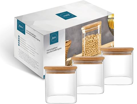 Kadum 550 ml Quadratische Vorratsgläser mit Bambusdeckel 3er Set | Eckige Luftdichte Vorratsdosen Glas | Aufbewahrung Pasta, Nudeln, Mehl | Gewürzgläser für Kaffee, Tee, Nuss
