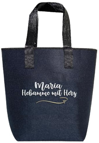 AMBERGER DESIGN by A&M Osterhage amd Hebamme-Geschenk Tasche Filz-Shopper bestickt – Name & Wunschtext | Personalisierbar | Schlüsselfach Reißverschluss | trendiges Design Größe 44x26cm