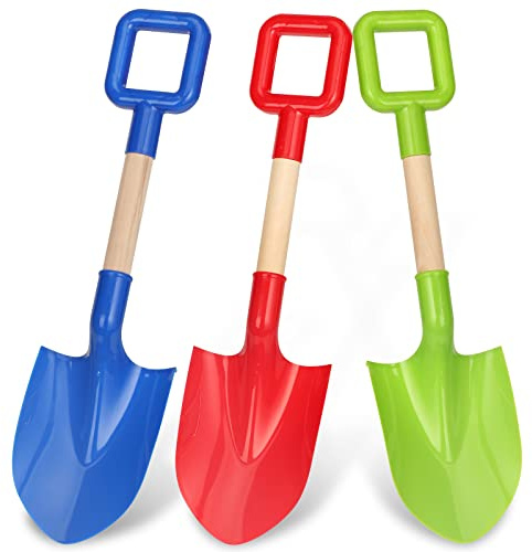 16'' Long Kids Beach Shovels Sand Spade Toys Gardening Tools with Wooden Handled, ABS Plastic Sturdy Scoop for Shoveling Digging Sand Snow Sandbox Backyard Summer Travel (3PCS - Blue Green Red)