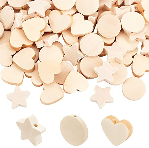 OLYCRAFT 150Pcs natürliche Holzperlen Stern/Herz/Rund Holzperlen unvollendete hölzerne lose Perlen Abstandshalter Perlen mit Loch für Handwerk DIY Schmuck machen -19~20x20x5~6mm | Unfertige Holzperlen, Handwerksperlen mit Loch, Holz Perlen zum Auffädeln, Für Makramee DIY Schmuck Armband Herstellung