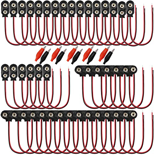 GTIWUNG 40 Piezas Conector Clip de Bateria 9para Pila I Tipo & T Tipo con Cable Conexión 15cm, Conector de Batería de 9V, Negro