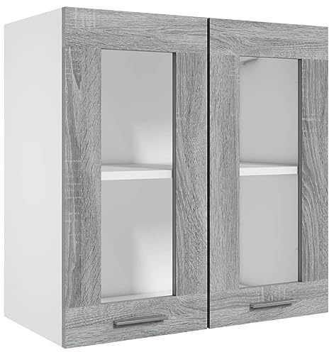 vidaXL Modern Grey Sonoma Hanging Glass Cabinet in Engineered Wood - Wall Mounted, Compact Kitchen Storage, 2 Shelves/2 Glass Doors
