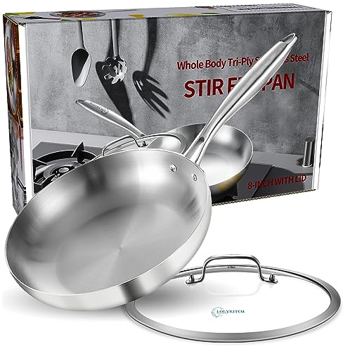 LOLYKITCH 8.5 Inch Tri-ply Stainless Steel Frying Pan with Lid,Skillet,Induction Cooking Pan,Dishwasher and Oven Safe,Riveted Handle