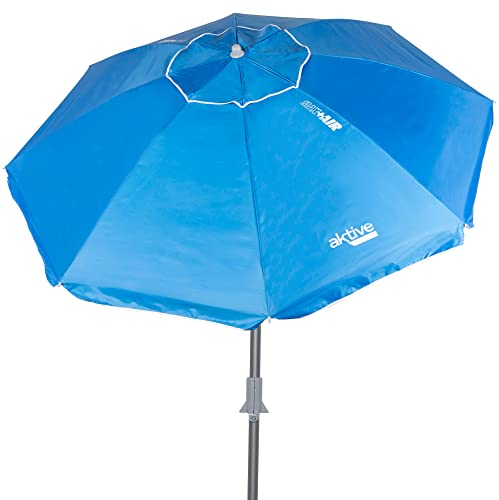 AKTIVE 62274 - Parasol de Plage Pliable et Inclinable Bleu Ø210 cm, Protection UV50, Brise-Vent de Plage
