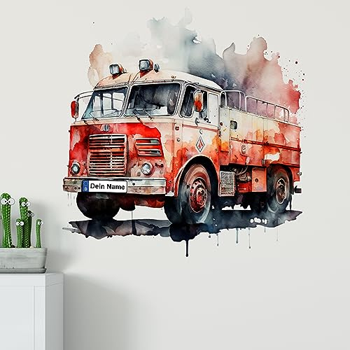 GRAZDesign Wandtattoo Feuerwehr Kinderzimmer Junge mit Namen personalisiert, Wand Aufkleber Tattoo Kinder Auto, Feuerwehrauto Wandaufkleber für Jungenzimmer 50x50cm
