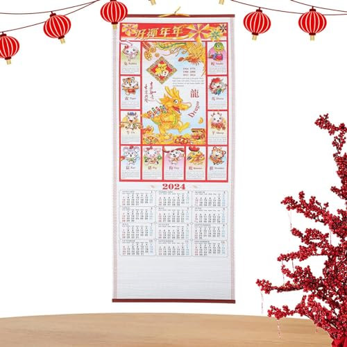 Chinesische Kalender 2024, Jahr des Drachen, chinesischer Kalender, Schriftrolle, traditioneller chinesischer Mondkalender, Tagesplaner, Tier-Hängekalender, Heimdekorationen
