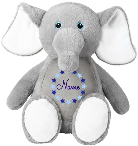 Stofftier Elefant grau mit Name personalisiert Kuscheltier für Kinder Flauschiges Plüschtier 40cm Motiv Sternkreis