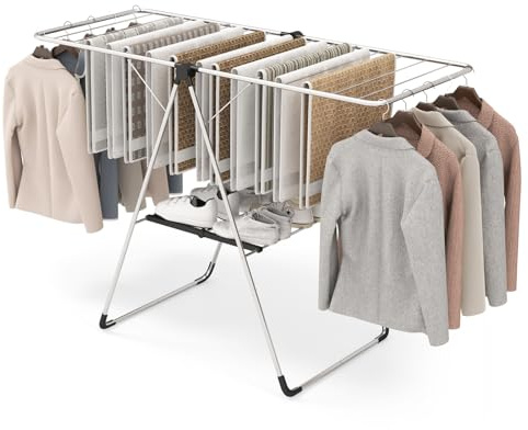 Tangkula Collapsible Clothes Drying Rack, 2-Level Folding Aluminum Drying Rack w/Height-Adjustable Wings, Bottom Shoe Rack, Space-Saving Laundry Drying Rack for Indoor & Outdoor Use, Silver