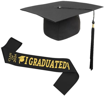 Blisscok Doktorhut Bachelor Hut, Abschluss Hut Schwarz mit Graduation Hat Quasten Anhänger Schärpe mit Wunschdruck für Abitur Bachelor Geschenk Abitur 2024 Geschenke