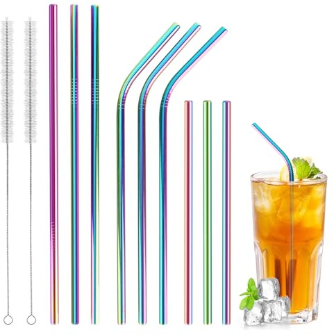 RUCUDIM 12 Colorati Cannucce in Acciaio Inox set, Cannucce Riutilizzabili, per Frappè Cocktail Succhi con 2 Spazzole per Pulizia Lavabili in lavastoviglie
