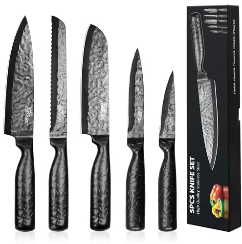HUIKAILI 5PCS Chef's Knife Set, Sharp Kitchen Knives Sets, High Carbon Stainless Steel Blade - Chef, Paring, Utility, Carving, Bread, Essential Black