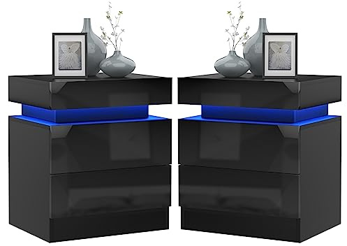HaodaCulture Nachttisch 2er Set, Nachttisch Weiß Hochglanz mit LED, 2 Schubladen, Einstellbare 16 Farben, Flip Cover, Beistelltisch Nachtschrank für Schlafzimmer Wohnzimmer, Modern Schwarz 45x35x52cm