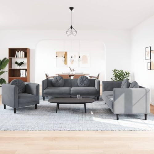 Homgoday 3-TLG. Sofagarnitur mit Kissen Sofa Couch Wohnzimmersofa mit Armlehnen, Loungesofa Couchgarnitur Designsofa Sitzmöbel Polstermöbel für Wohnzimmer Büro Dunkelgrau Samt