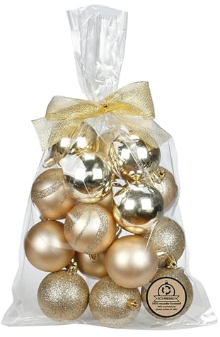 Inge-glas, julgranskulor i plast, 6 cm, set om 16 – okrossbara och med glitter, julgranskulor för julgran, julgranskulor och julgransprydnader till jul, champagne – creamy guld