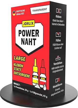 JORLIX Powernaht Large – 2K Schweissnaht Kleber mit Füllgranulat | Sekundenkleber extra stark mit Filler für eine chemische Schweißnaht - klebt Kunststoff, Holz, Keramik, Stein uvm. (115g)