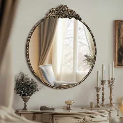 G-LEAF Wandspiegel Rund Schwarz&Gold 60cm – Vintage Barock Spiegel mit Floralem Dekor – Rustikaler Dekospiegel Wandmontage – Antik-Optik Rund für Schlafzimmer & Flur (24 Zoll)