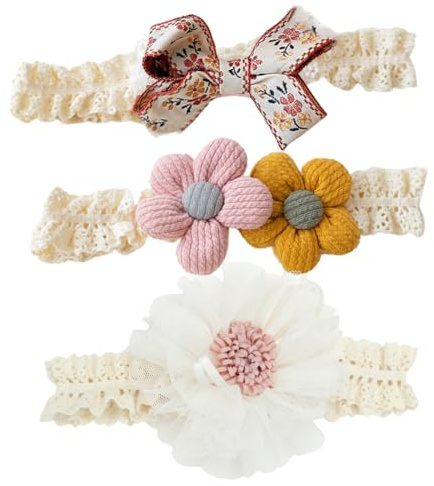 WUSJCOF 3 pièces Bébé Fille Bandeau, Bandeaux Pour Bébé, Bandeaux Accessoire Cheveux Bebe Fille, Serre Tete Bebe Fille, Bandeaux Bandeau Bebe Fille Arc élastiques, Bébés Coffret Cadeau