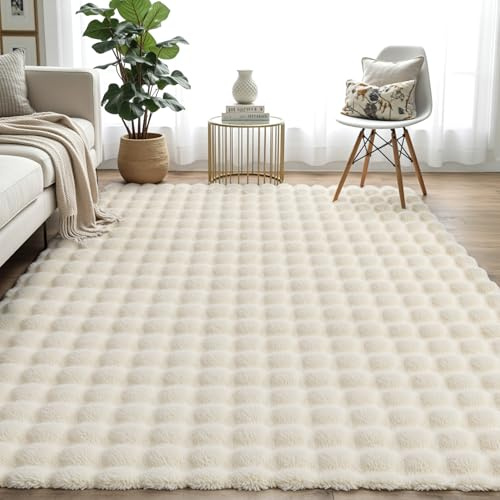 DEXI Teppich Wohnzimmer 140 x 200 cm, Modern Hochflor Flauschig Weich Wohnzimmerteppich, Waschbar Anti-Rutsch Teppiche für Schlafzimmer, Kinderzimmer, Beige