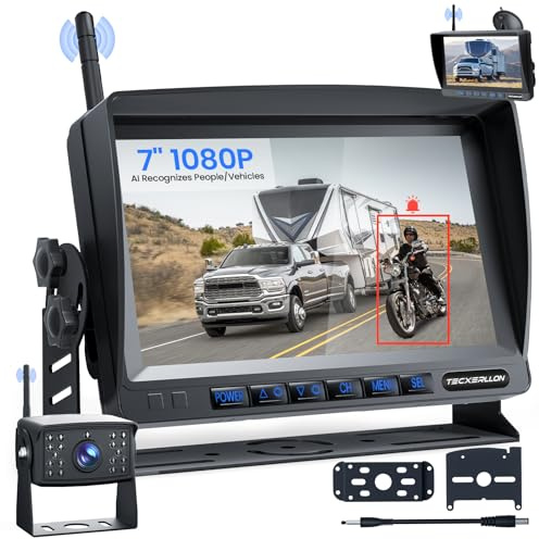 TECXERLLON 7'' Rückfahrkamera kabellos Auto, AI-Erkennung, Rückfahrkamera starker Übertragung, Unterstützung für 4 Kanäle, wasserdicht nach IP68, Nachtsichtfunktion