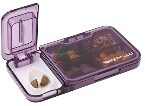 Tablettenteiler，tablettenteiler für alle tabletten,Tragbarer Tablet-Cutter mit Aufbewahrungsfach und scharfen Klingen，Bequem zu tragen. (Lila)