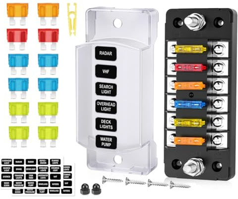 SETAWEEH 6 Fach Sicherungshalter KFZ 12 Volt Sicherungsblock Flachsicherung ohne LED-Anzeige Wasserdichte Sicherungskasten Sicherungsdose mit Schutzabdeckung,12 Flachsicherungen (6 Fach kein LED)