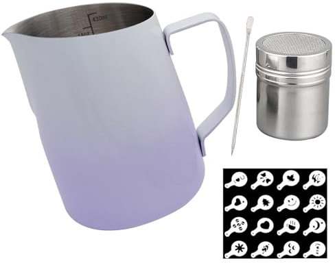 SIPLIV Jarras de acero inoxidable de 14 onzas (450 ml), jarra de espuma de leche con bolígrafo de arte latte, coctelera de cacao en polvo, kit de herramientas de arte de café, plantillas de café