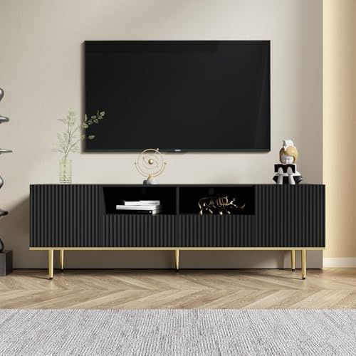 PUGSDRLY Meuble TV avec Rangement,2 Portes et 2 Tiroirs,Meuble TV Bas,Design élégant et Moderne,Pieds dorés (Noir, 165x36x55cm)