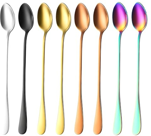 8 Stück Latte Macchiato Löffel Set, 19.3cm Lange Löffel, Cocktaillöffel Für Eisbecher Und Desserts, 5 Farben Edelstahl Dessertlöffel für Eiskaffee Eislöffel Latte