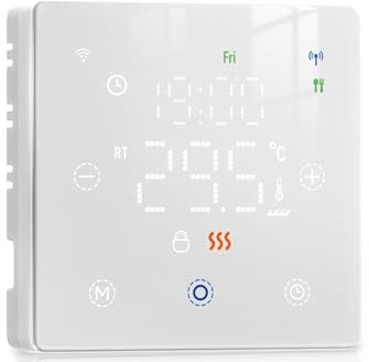 Termostato WiFi a Batterie Bianco, Smart per Caldaia a Gas, Display Touch 86x86mm, Compatibile TUYA Smart Life, Montaggio Parete o Incasso Scatola 502, Programmazione Settimanale