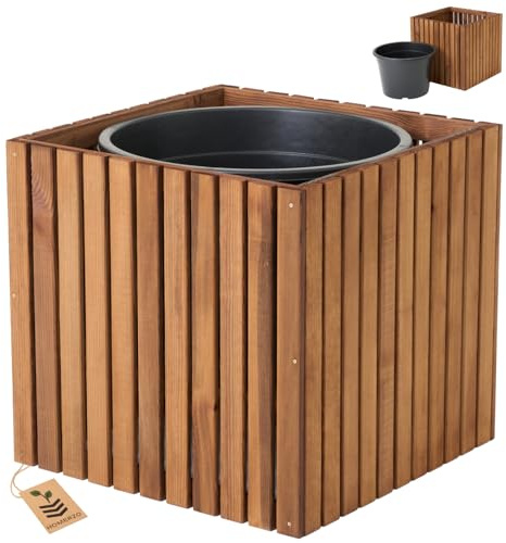 Grand pot de fleurs XXL en bois 58 x 58 x 55 cm, imprégné, avec insert de 50 l et fond amovible, pour jardin, terrasse et espaces publics, marron vertical