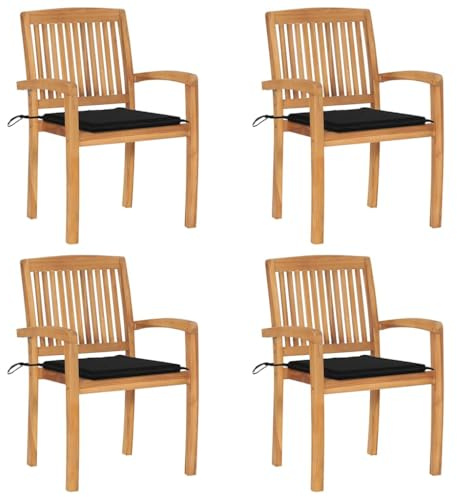 Mandloder Stapelbare Gartenstühle mit Kissen, 4 STK. Massivholz Teak, wetterfest für Garten & Terrasse, ergonomische Outdoor-Sitzmöbel mit komfortablen Polstern
