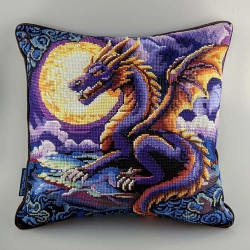 Pskgbxmu Ensemble De Broderie Coussin Au Point De Croix Kits De Points De Croix Estampillés DIY Main Brodé Housse sans Noyau d'oreiller Dragon 45x45 cm