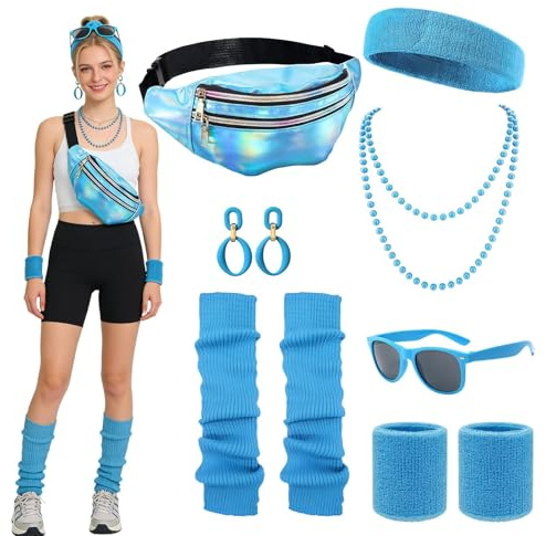 80er Jahre Outfit Damen Accessoires, Kostüm 80er Jahre, 90er 80er Jahre Accessoires, Neon Party Outfit mit Bauchtasche Damen, Stirnband, Beinwärmer, Ohrringe, Handschuhe, Halskette,Gläser,für Karneval