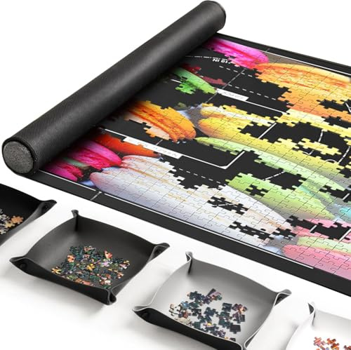 Pusselmatta med 4 sorteringsfack, pusselmattor för pussel upp till 1 500, 116 x 66 cm, halkfri bärbar pusselmatta med förvaringsväska, pusselsparare för vuxna och barn