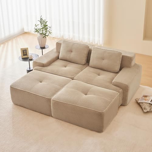 Bladez Modulares Cord Sofa Loveseat Schlafsofa mit Ottoman Hocker Wohnzimmer Couch mit Komfort & Tiefsitz-Unterstützung, Ohne Montage 32D Hochelastische Schaum Boneless Sofa (Hellkhaki, 2-Sitzer+2)