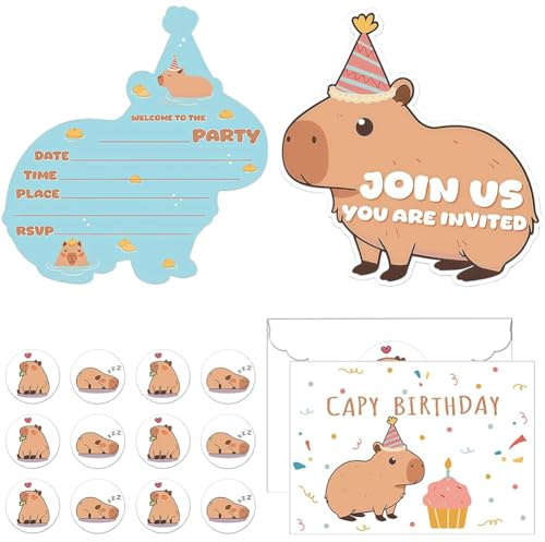 KMFASVX 12PCS Inviti di Compleanno Capybara con Buste & Adesivi, Inviti Divertenti Capybara per Adulti & Adolescenti, Biglietti di Invito per Feste di Compleanno & Riunioni
