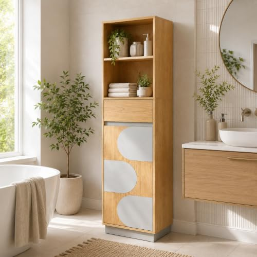 Hometopia Badezimmer Hochschrank Holz, 166 cm schmal mit Tür | 30x40 cm Grundfläche, 1 Schublade, verstellbare Böden unten, für kleine Bäder, freistehend, Eichenoptik, pflegeleicht
