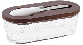 Supercap - Mantequera de vidrio de 300 ml, soporte hermético para mantequilla con tapa de bambú y Kinfe, recipiente de almacenamiento de queso para encimera y nevera, tapa de café A