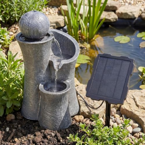 GEEZY Solar Water Feature for Garden with LED Lights, Sphere Water Fountain | Self-contained cascading waterfall for patios & balconies with no plumbing needed. A relaxing sanctuary for birds & wildlife.