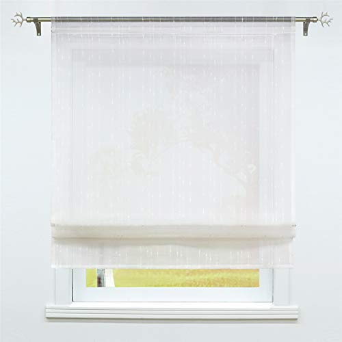 SCHOAL Raffrollo Küche Raffgardine mit Tunnelzug Bändchenrollo Weiß Leinen Gardinen Modern Vorhänge BxH 100x155cm 1 Stück