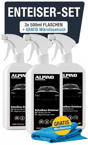 3X Alpino Turbo Enteiserspray Auto 1 Liter inkl. gratis 2X Mikrofasertuch | High Performance Formula | Scheibenenteiser Spray, Auto Enteiser Spray, Enteisungsspray Auto Eisspray | Langer Frostschutz