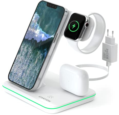 CANYON Caricatore Wireless 3 in 1 Base Ricarica iPhone Apple Watch Airpods Stazione Ricarica Apple compatibile con Dispositivi Qi Adattatore 18W, Controllo Touch con Retroilluminazione Bianca