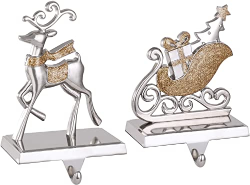 Rentier Weihnachtsstrumpfhalter für Kaminsims, 2er Set Weihnachtsstrumpf-Kleiderbügel für Kamin, rutschfest, Weihnachtsdekorationen (Silber, 2)