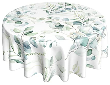Kawani Spring Summer Leaf Floral Sage Green Tablecloth Round 60 Inch Ruitic Watercolor Table Cloth Waterproof Fabric Farmhouse Green Grey Leaves Tablecloths Decorative for Holiday Home Party