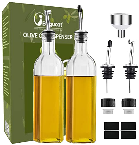 Bugucat Ölflasche,2PCS 500ML Essigflasche aus Glas mit Spender,Öl Flaschen mit Ausgießer und Etikett,Olivenöl Spender mit Anti-Schmutz Verschluss Auslaufsicher und Tropffrei,zum Kochen, Salat, Grillen